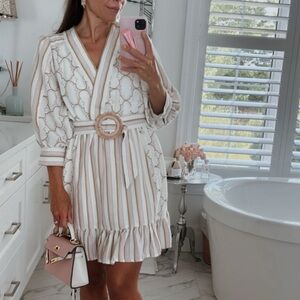 SUNCOO Beige and Pink Striped Dress
